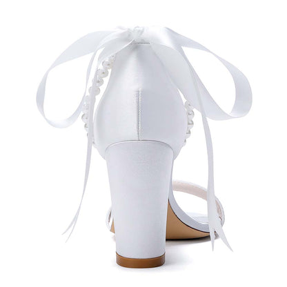Women's Pearl - Detail Satin Chunky Heel Peep - Toe Sandals with Ribbon Tie | Wedding Bridal Shoes