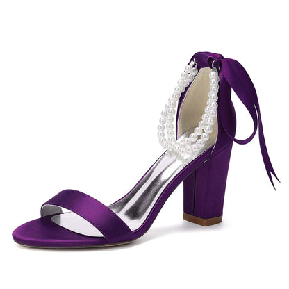 Women's Pearl - Detail Satin Chunky Heel Peep - Toe Sandals with Ribbon Tie | Wedding Bridal Shoes