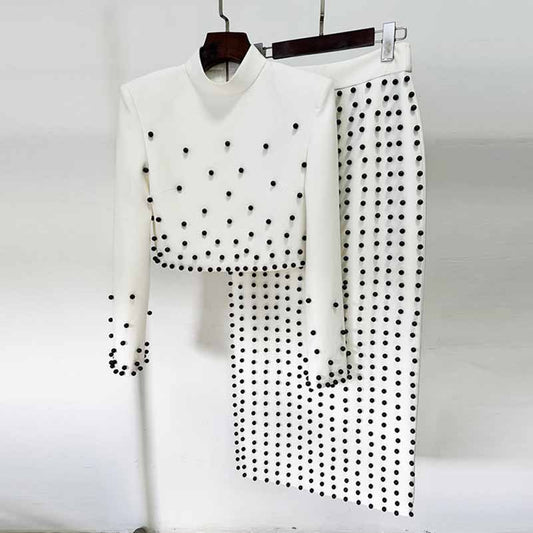 Women's Pearl Beaded Cocktail Skirt Suit White Two-Piece Long Skirt Suit