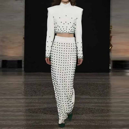 Women's Pearl Beaded Cocktail Skirt Suit White Two-Piece Long Skirt Suit