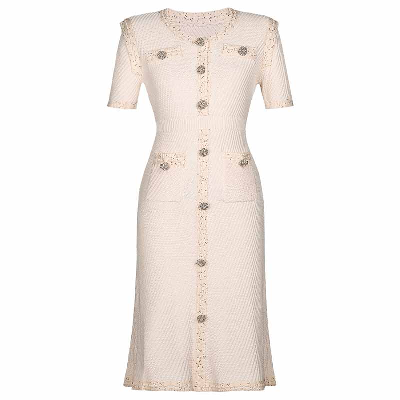 Women's Pearl Button Detail Ribbed-knit Middle Length Dresses