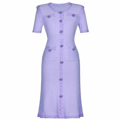 Women's Pearl Button Detail Ribbed-knit Middle Length Dresses