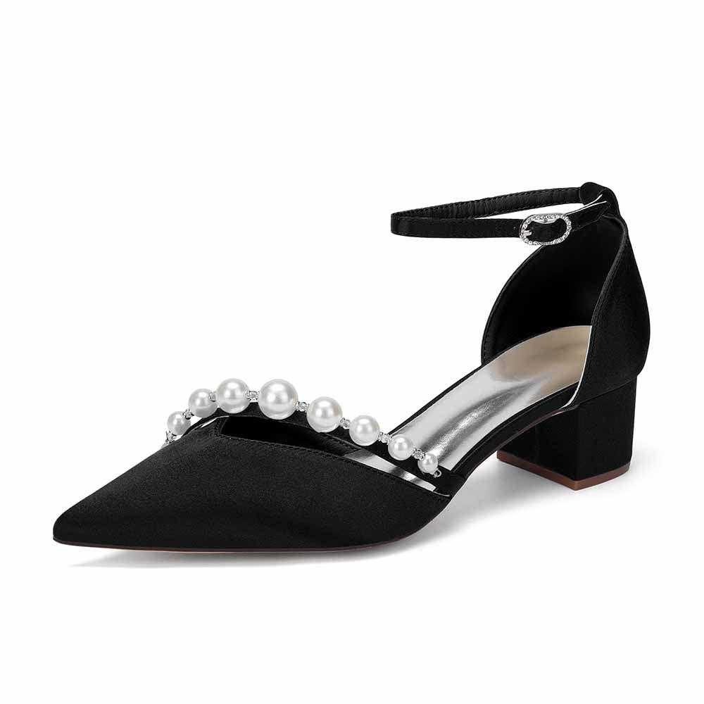 Women's Pearl Detail Ankle Strap Block Heel Pumps