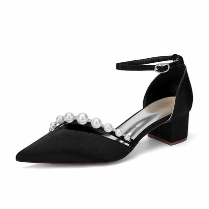 Women's Pearl Detail Ankle Strap Block Heel Pumps