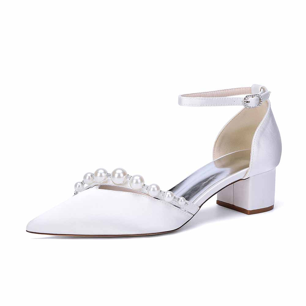 Women's Pearl Detail Ankle Strap Block Heel Pumps