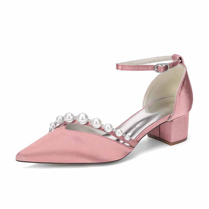 Women's Pearl Detail Ankle Strap Block Heel Pumps