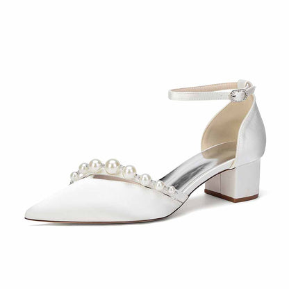 Women's Pearl Detail Ankle Strap Block Heel Pumps