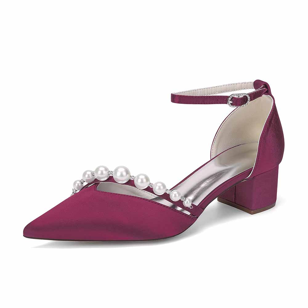 Women's Pearl Detail Ankle Strap Block Heel Pumps