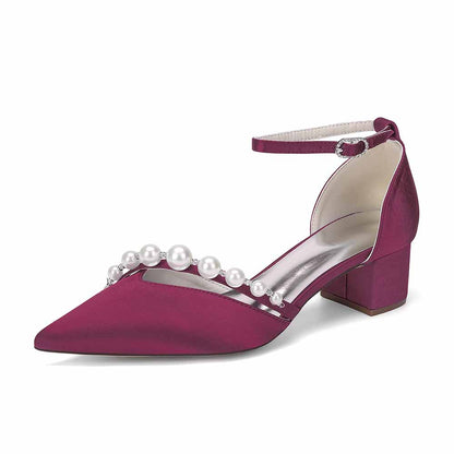 Women's Pearl Detail Ankle Strap Block Heel Pumps