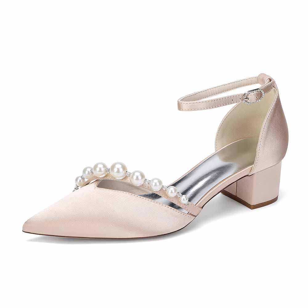 Women's Pearl Detail Ankle Strap Block Heel Pumps