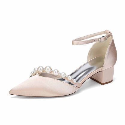 Women's Pearl Detail Ankle Strap Block Heel Pumps