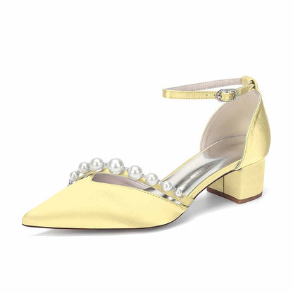 Women's Pearl Detail Ankle Strap Block Heel Pumps