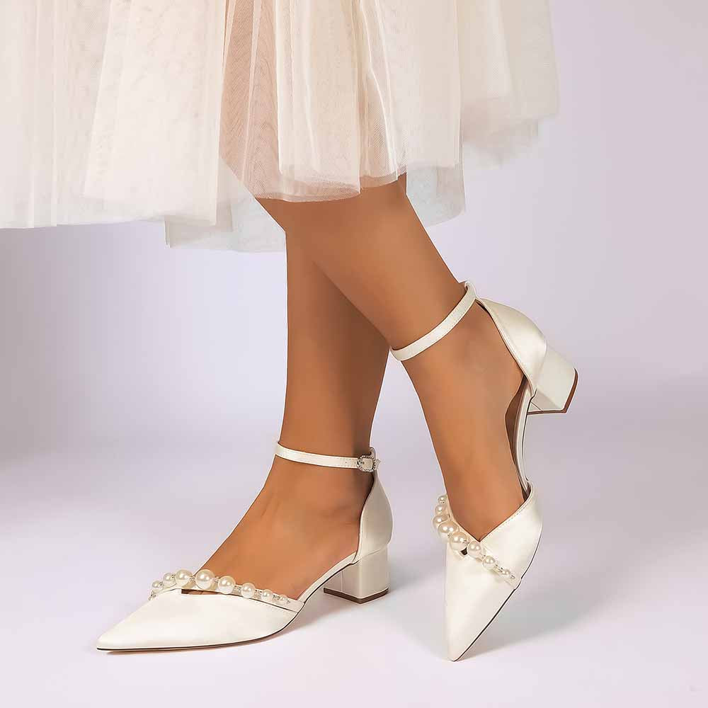 Women's Pearl Detail Ankle Strap Block Heel Pumps