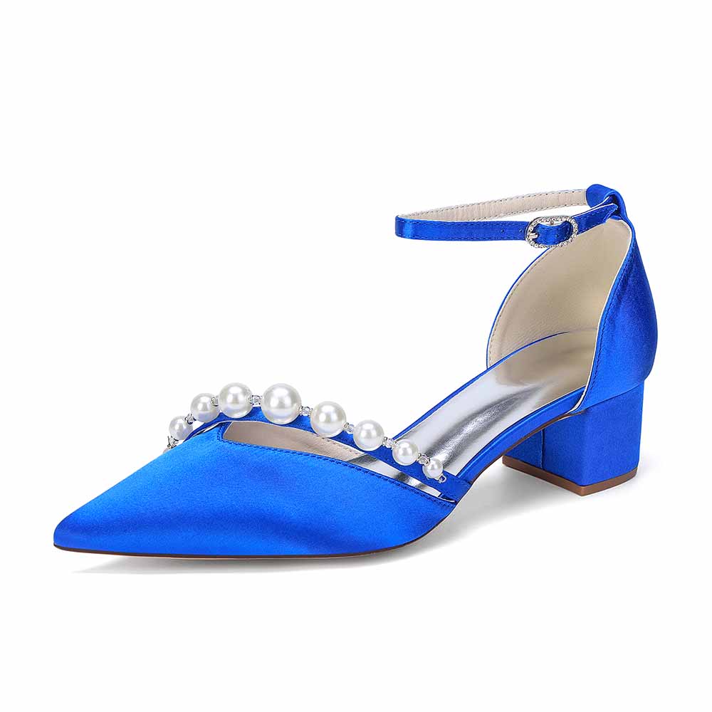 Women's Pearl Detail Ankle Strap Block Heel Pumps