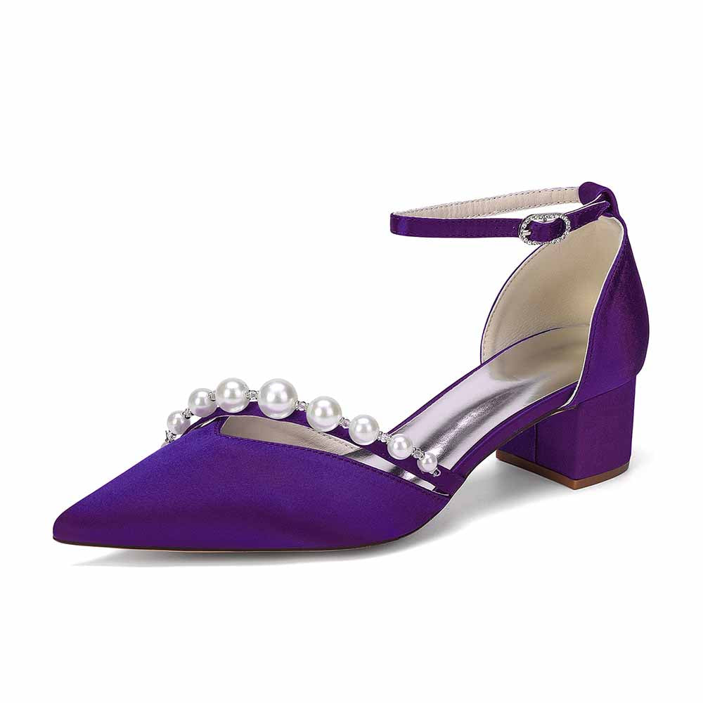 Women's Pearl Detail Ankle Strap Block Heel Pumps