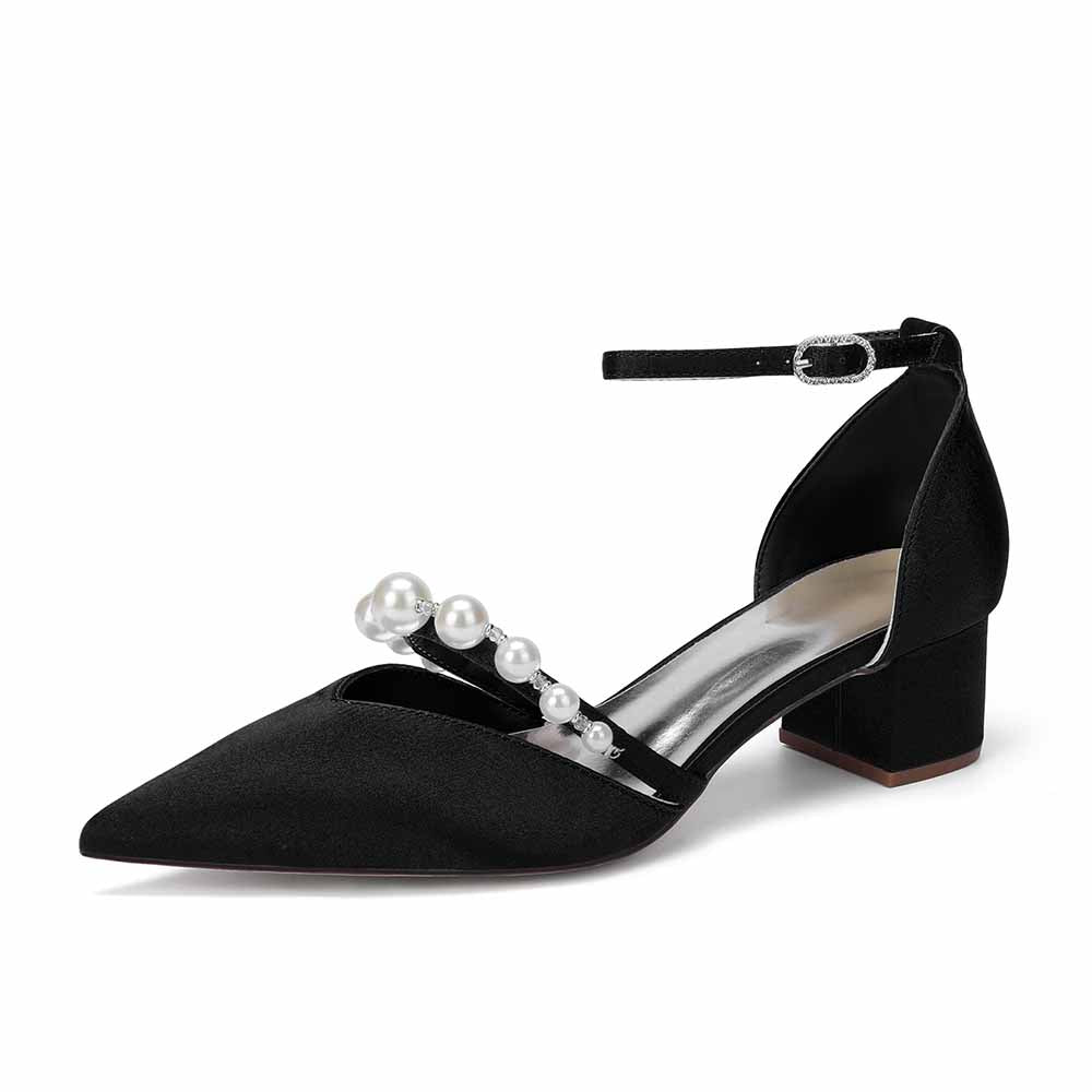 Women's Pearl Embellished Ankle Strap Block Heel Pumps Multiple Colors