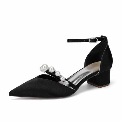 Women's Pearl Embellished Ankle Strap Block Heel Pumps Multiple Colors