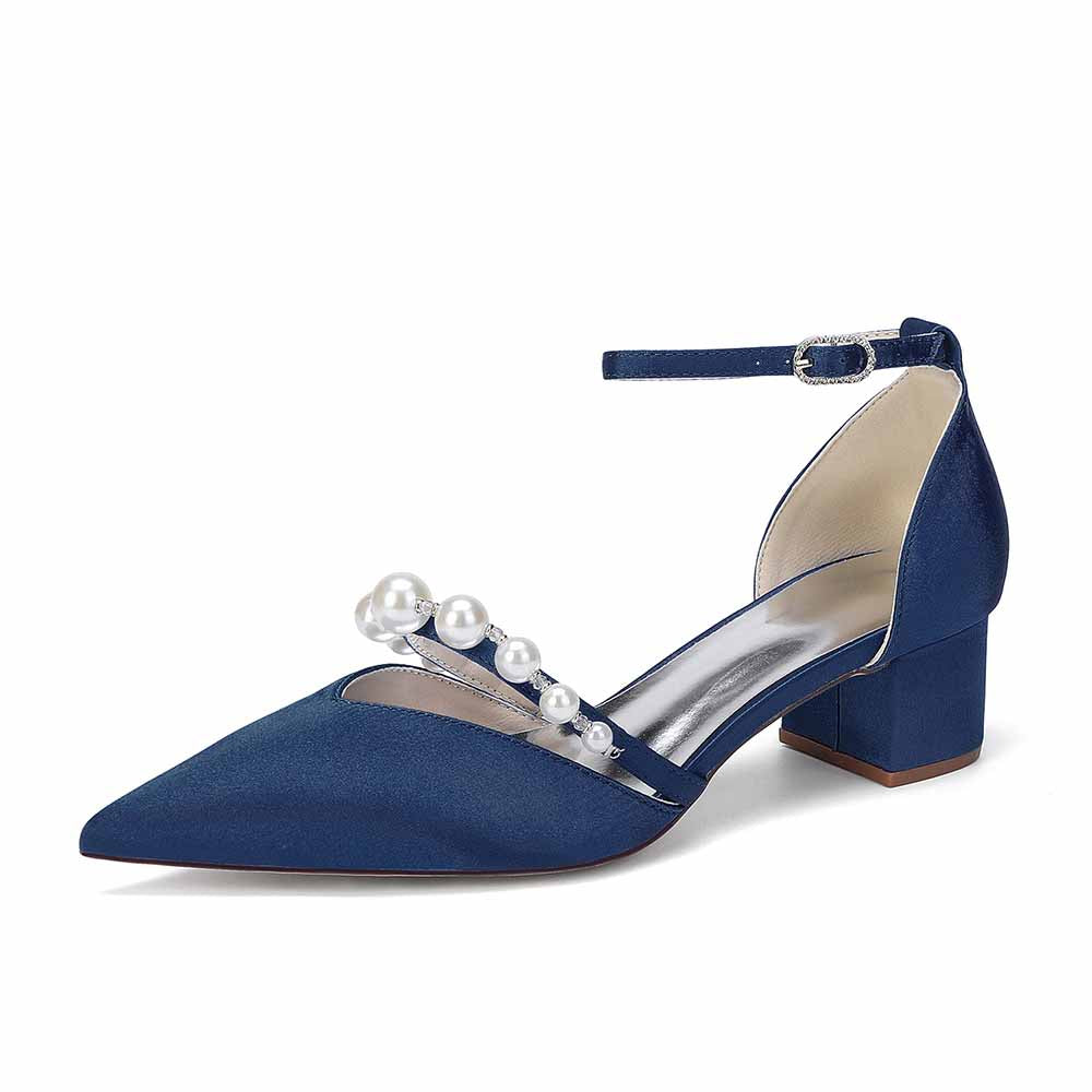 Women's Pearl Embellished Ankle Strap Block Heel Pumps Multiple Colors