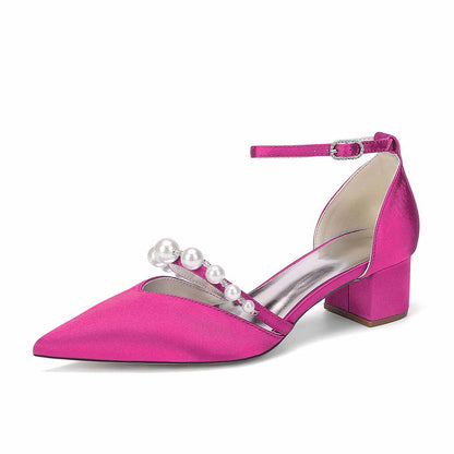 Women's Pearl Embellished Ankle Strap Block Heel Pumps Multiple Colors