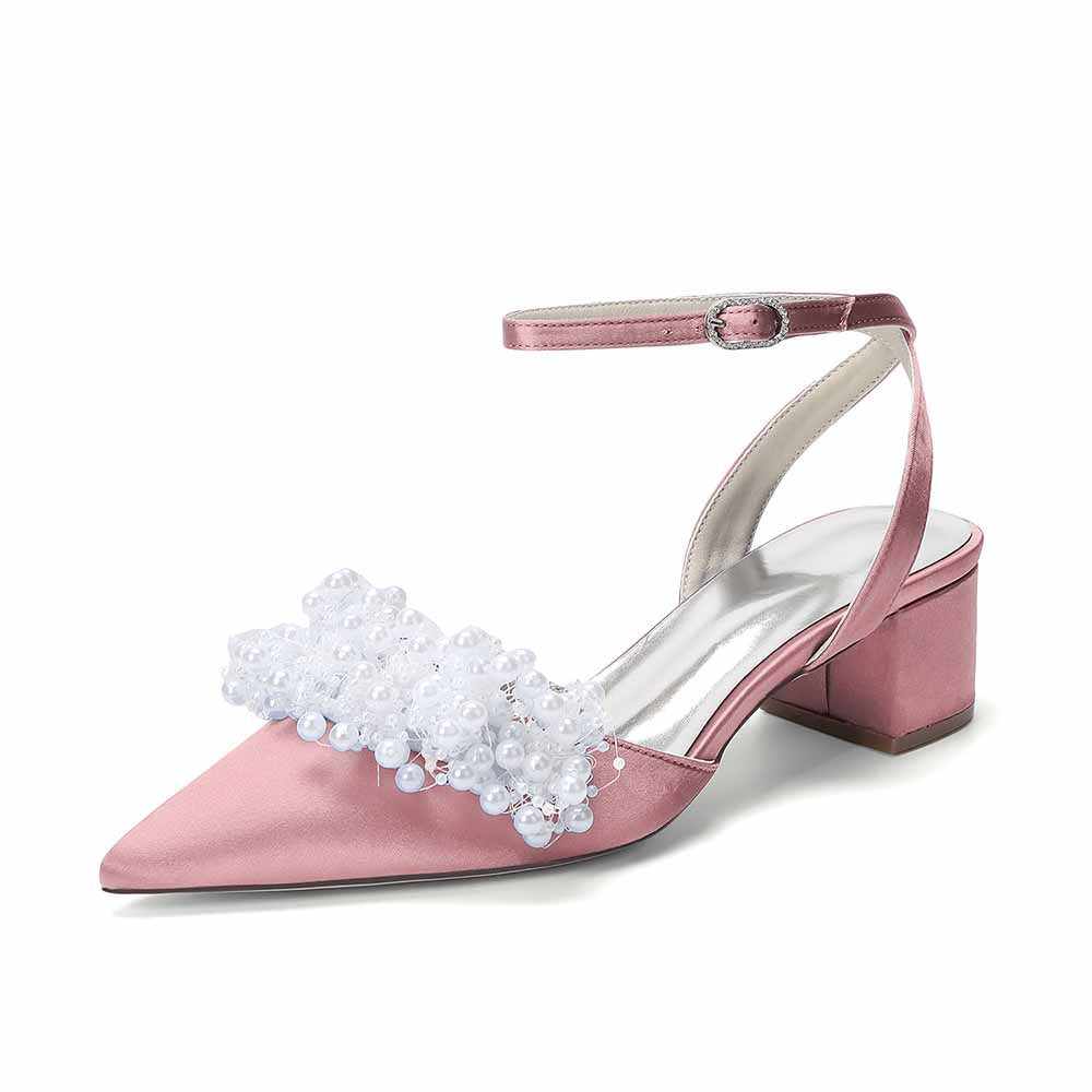 Women's Pearl Embellished Ankle Strap Block Heel Pumps | Satin-Like Bridal/Evening Shoes
