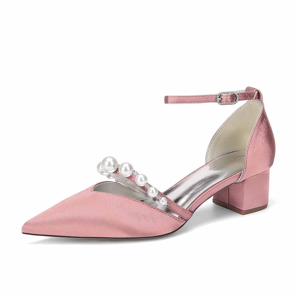 Women's Pearl Embellished Ankle Strap Block Heel Pumps Multiple Colors