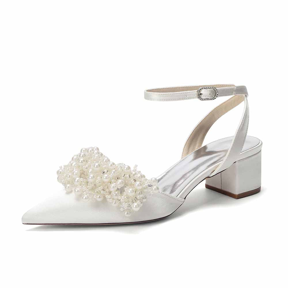 Women's Pearl Embellished Ankle Strap Block Heel Pumps | Satin-Like Bridal/Evening Shoes
