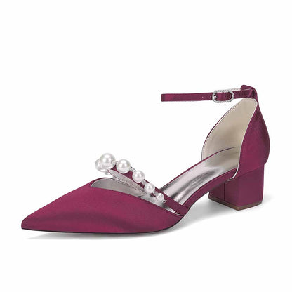 Women's Pearl Embellished Ankle Strap Block Heel Pumps Multiple Colors