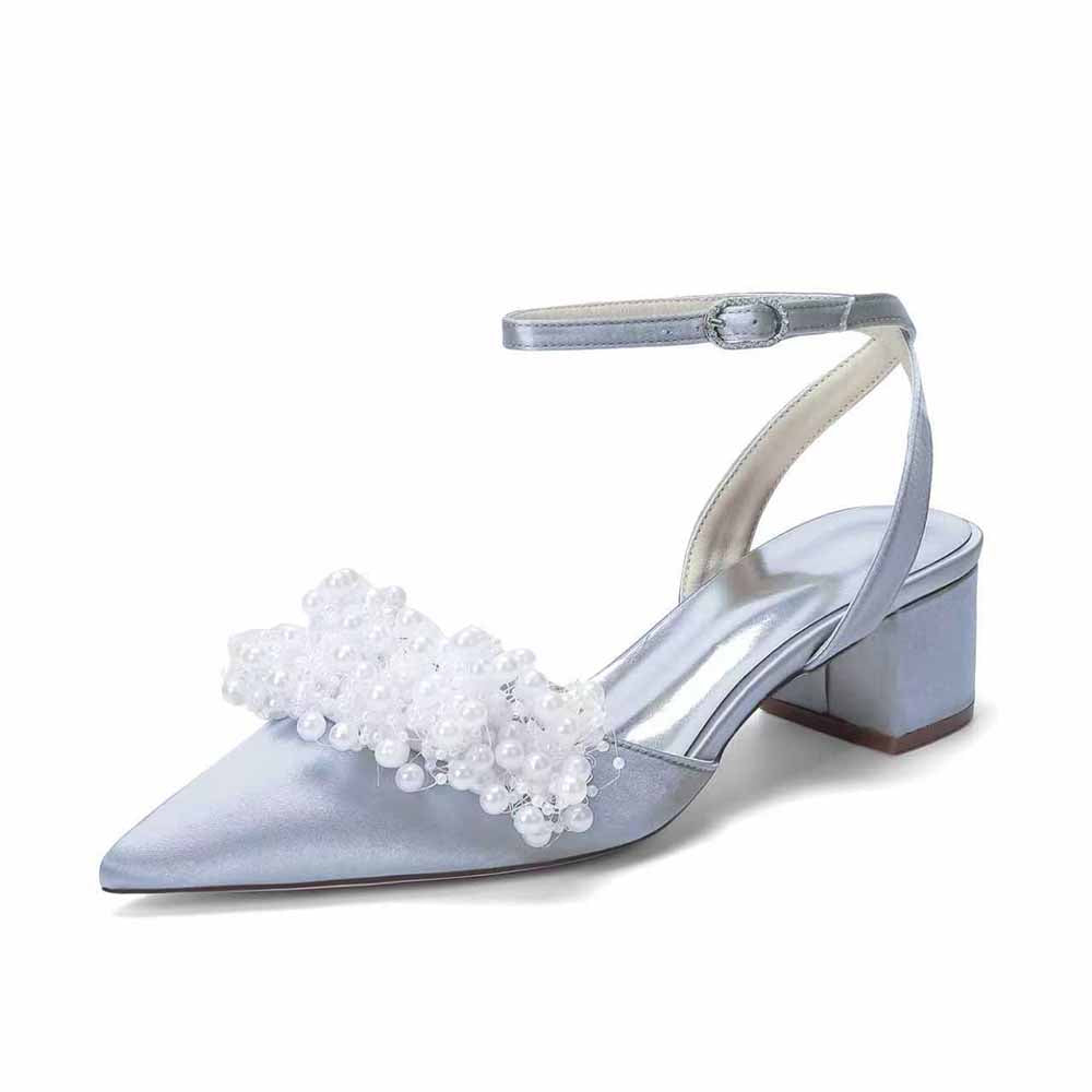 Women's Pearl Embellished Ankle Strap Block Heel Pumps | Satin-Like Bridal/Evening Shoes