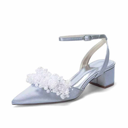 Women's Pearl Embellished Ankle Strap Block Heel Pumps | Satin-Like Bridal/Evening Shoes
