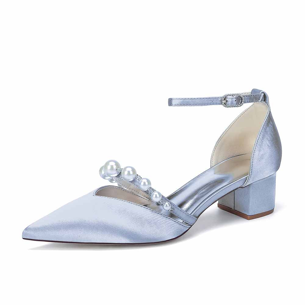 Women's Pearl Embellished Ankle Strap Block Heel Pumps Multiple Colors