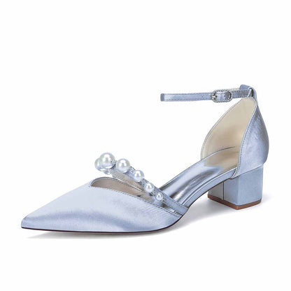 Women's Pearl Embellished Ankle Strap Block Heel Pumps Multiple Colors