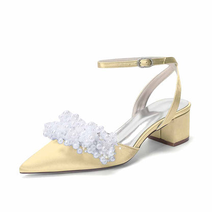 Women's Pearl Embellished Ankle Strap Block Heel Pumps | Satin-Like Bridal/Evening Shoes