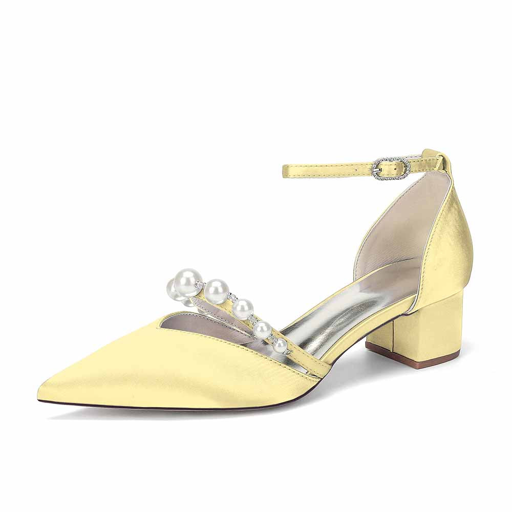 Women's Pearl Embellished Ankle Strap Block Heel Pumps Multiple Colors