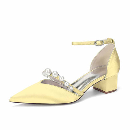 Women's Pearl Embellished Ankle Strap Block Heel Pumps Multiple Colors