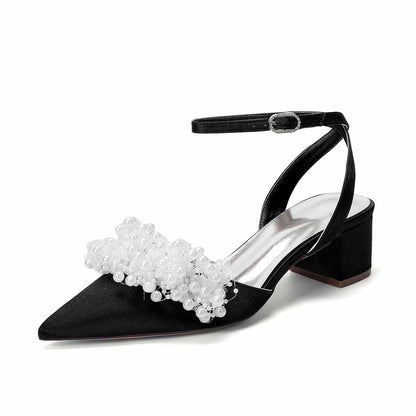 Women's Pearl Embellished Ankle Strap Block Heel Pumps | Satin-Like Bridal/Evening Shoes
