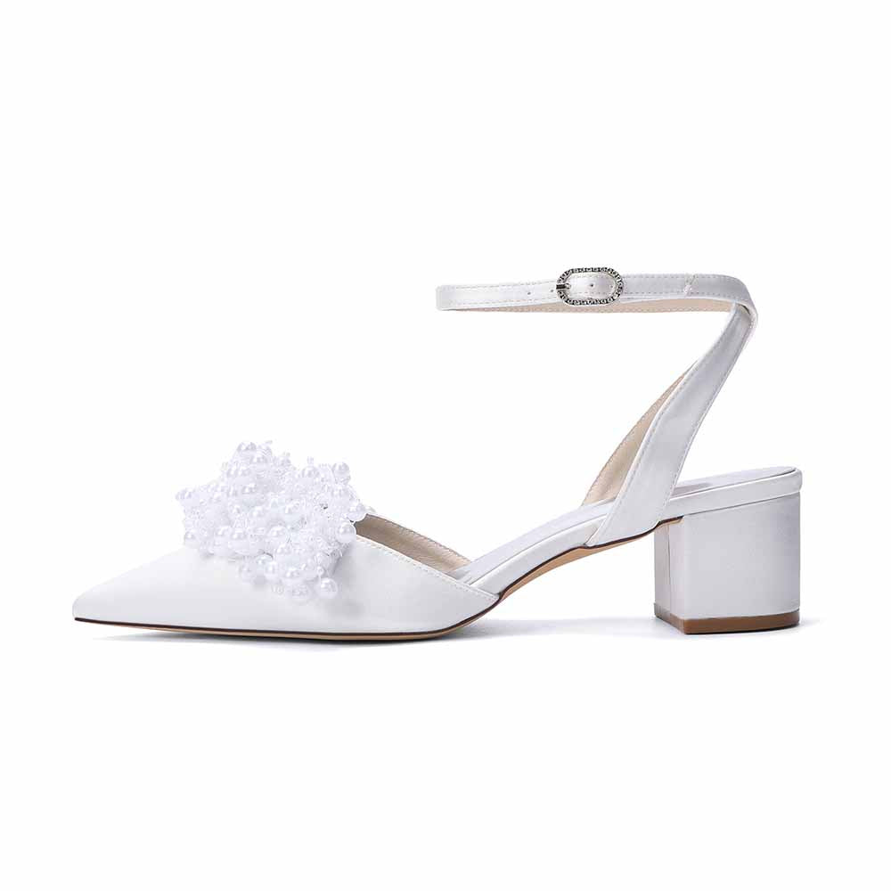Women's Pearl Embellished Ankle Strap Block Heel Pumps | Satin-Like Bridal/Evening Shoes