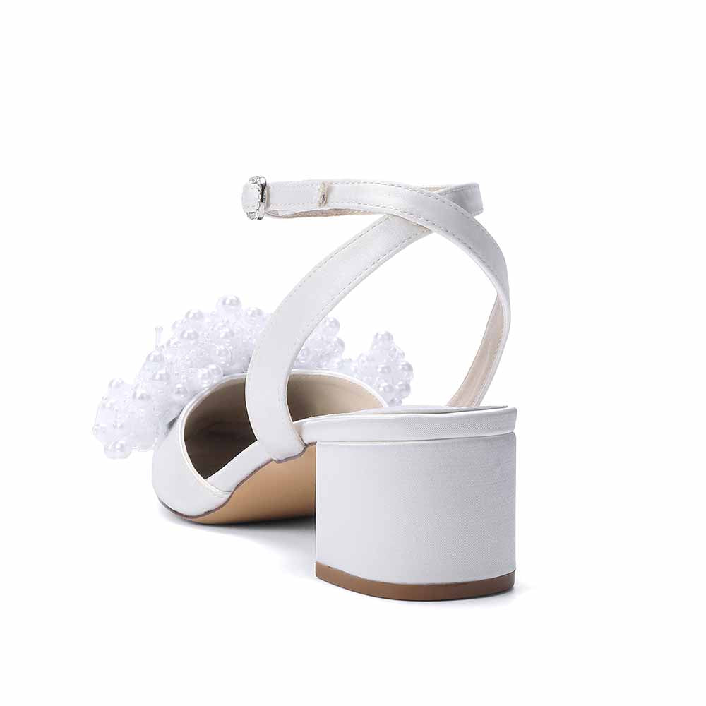 Women's Pearl Embellished Ankle Strap Block Heel Pumps | Satin-Like Bridal/Evening Shoes