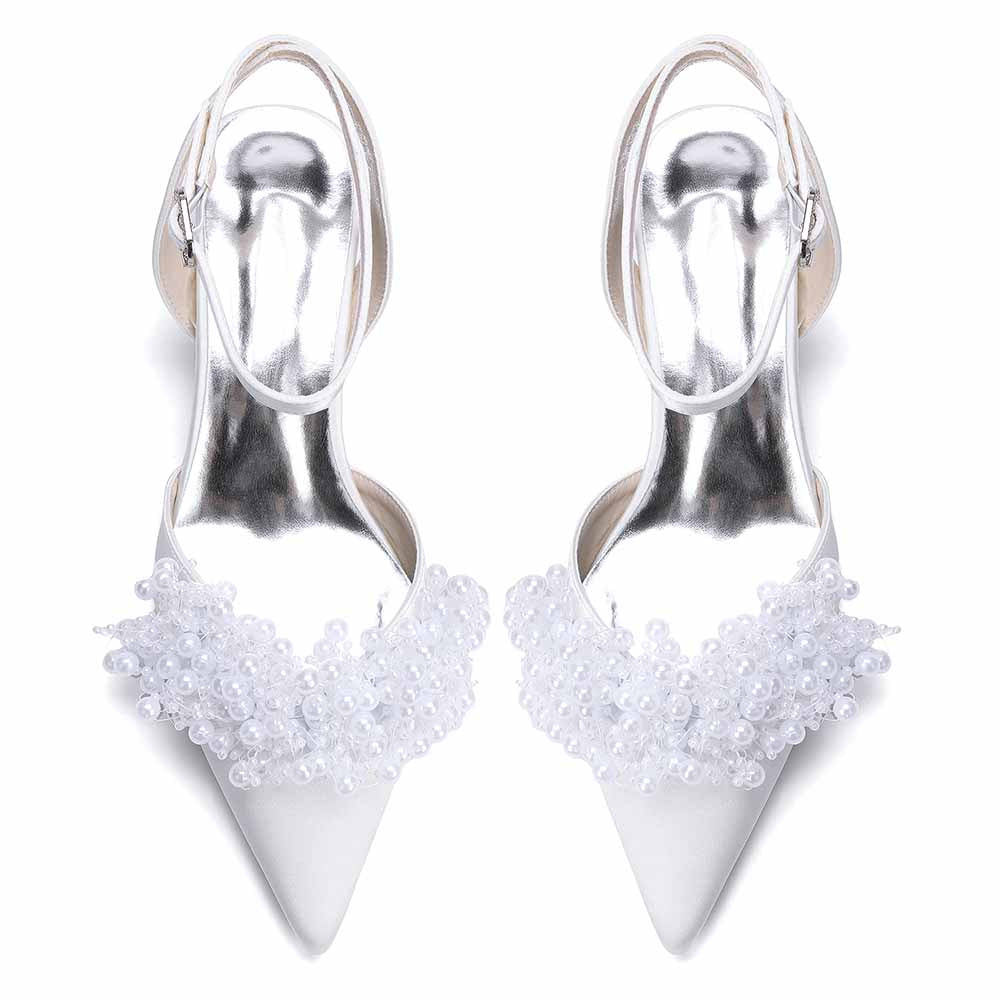 Women's Pearl Embellished Ankle Strap Block Heel Pumps | Satin-Like Bridal/Evening Shoes