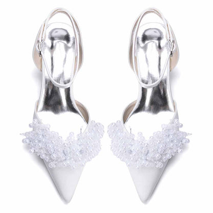 Women's Pearl Embellished Ankle Strap Block Heel Pumps | Satin-Like Bridal/Evening Shoes