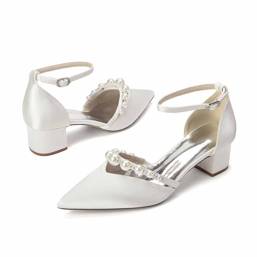 Women's Pearl Embellished Ankle Strap Block Heel Pumps Multiple Colors