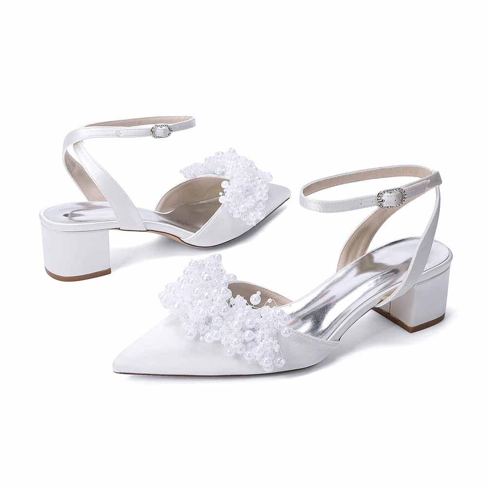 Women's Pearl Embellished Ankle Strap Block Heel Pumps | Satin-Like Bridal/Evening Shoes