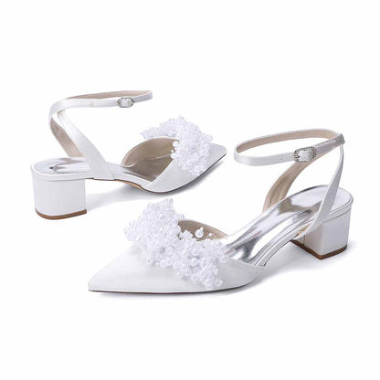 Women's Pearl Embellished Ankle Strap Block Heel Pumps | Satin-Like Bridal/Evening Shoes