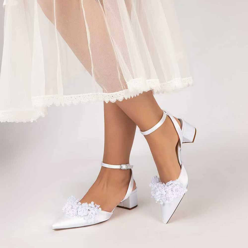 Women's Pearl Embellished Ankle Strap Block Heel Pumps | Satin-Like Bridal/Evening Shoes