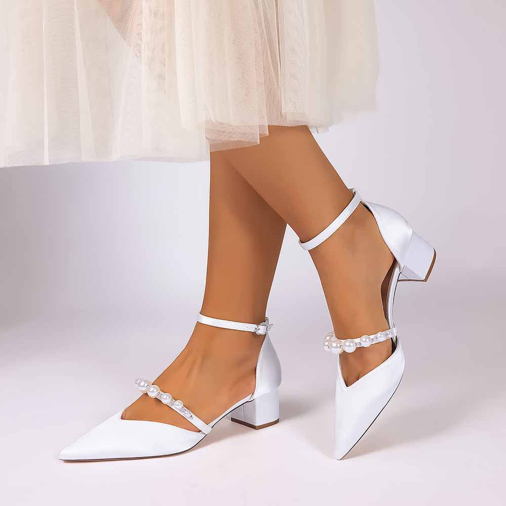 Women's Pearl Embellished Ankle Strap Block Heel Pumps Multiple Colors