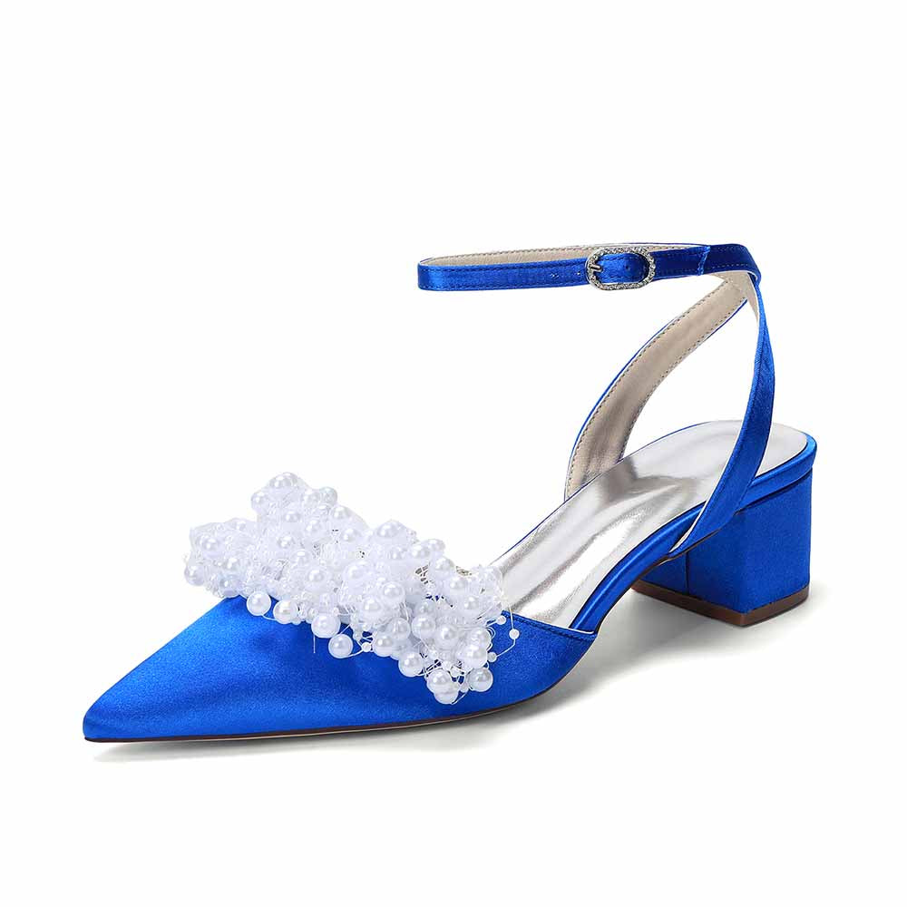 Women's Pearl Embellished Ankle Strap Block Heel Pumps | Satin-Like Bridal/Evening Shoes