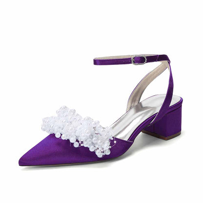 Women's Pearl Embellished Ankle Strap Block Heel Pumps | Satin-Like Bridal/Evening Shoes