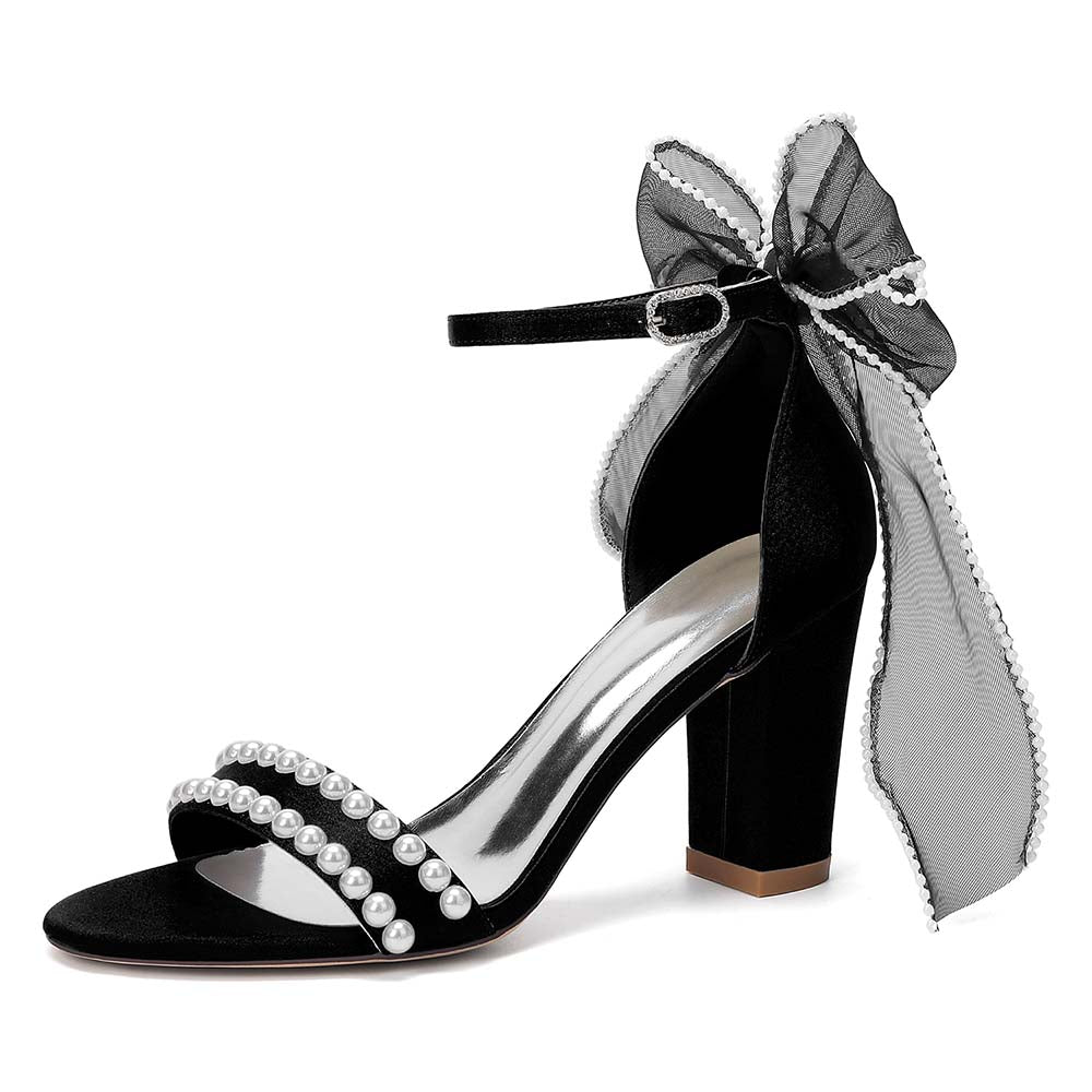 Women's Pearl Embellished Ankle Strap Sandals with Bow, Chunky Heel Bridal Shoes