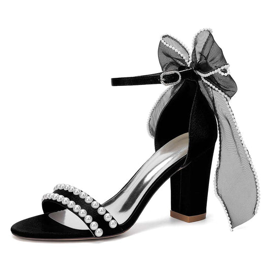 Women's Pearl Embellished Ankle Strap Sandals with Bow, Chunky Heel Bridal Shoes