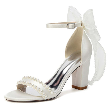 Women's Pearl Embellished Ankle Strap Sandals with Bow, Chunky Heel Bridal Shoes
