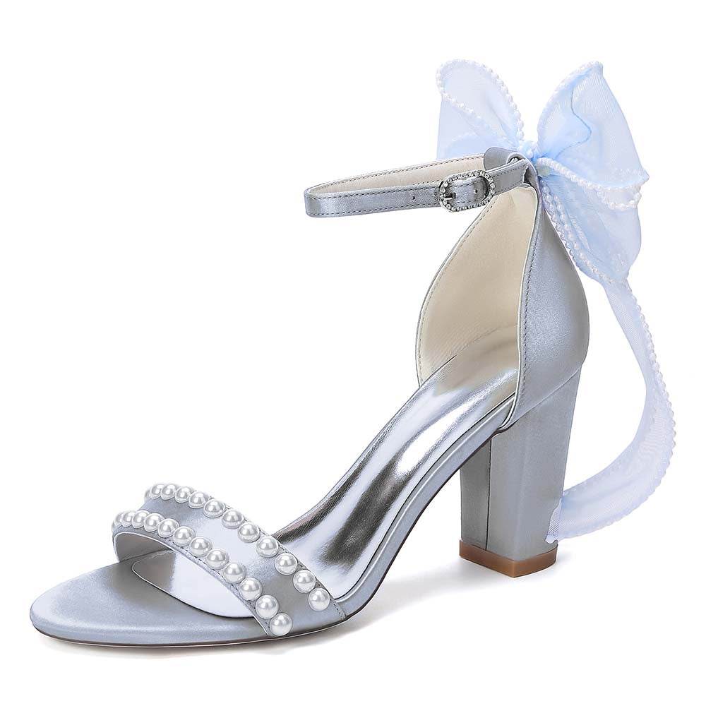 Women's Pearl Embellished Ankle Strap Sandals with Bow, Chunky Heel Bridal Shoes